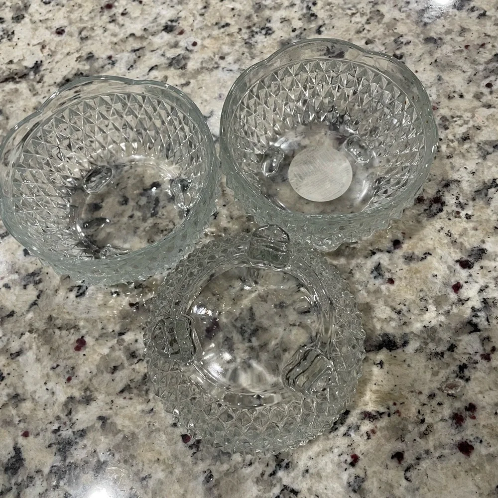 🩶 Elegant VTN Cut Glass Condiment footed Serving Dish Trio Set of 3 Fluted edge